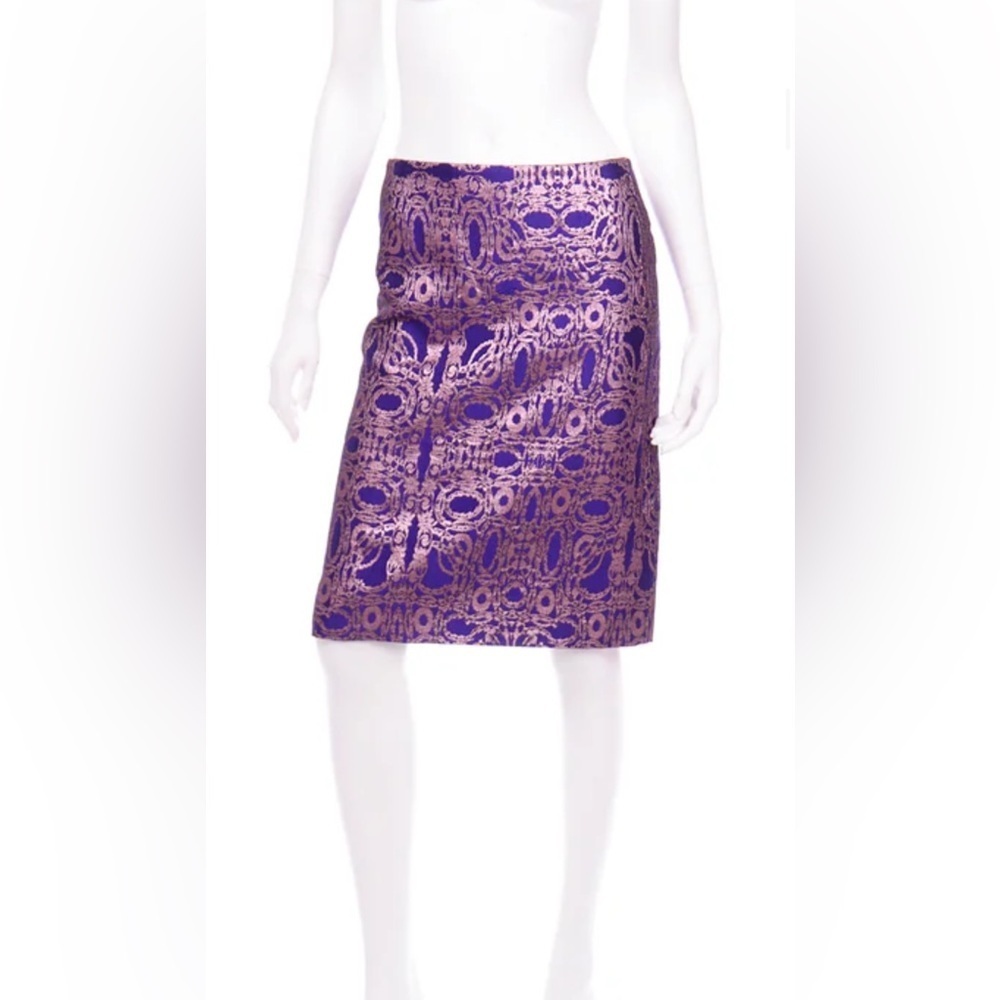 Dries Van Noten Purple And Metallic Rose Gold  Jacquard Pencil Skirt U.S 6 NWT